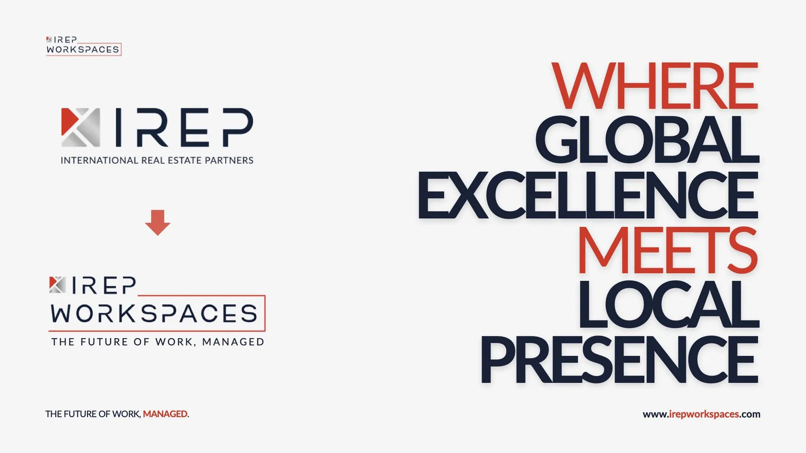 Slide: IREP becomes IREPworkspaces, where global excellence meets local presence