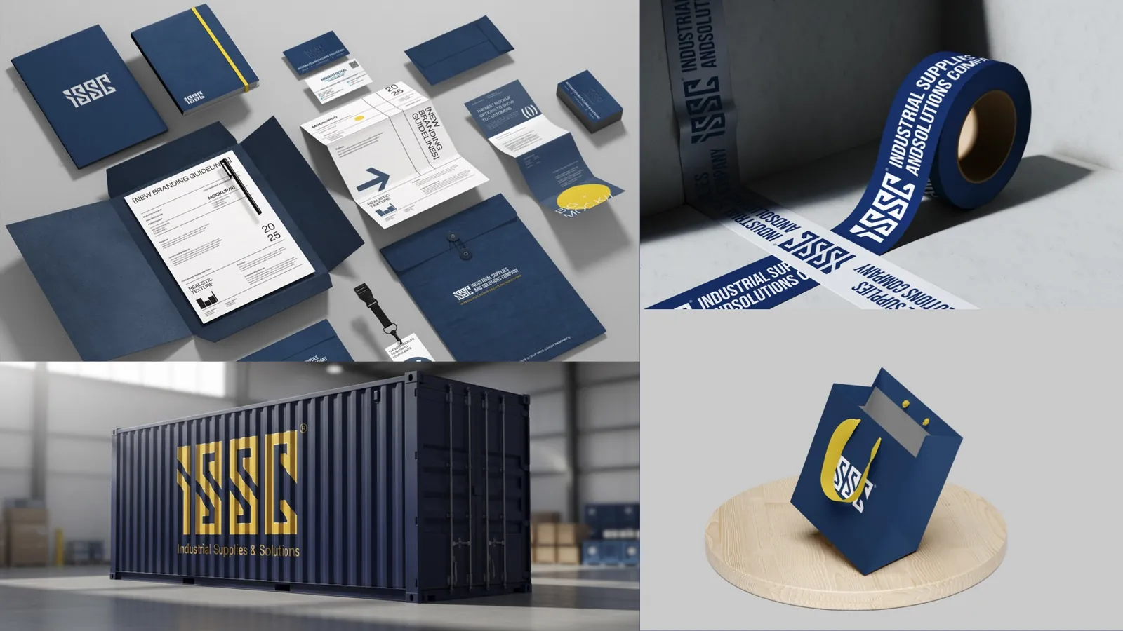 ISSC stationery, tape, a shipping container and a gift bag in the brand colours