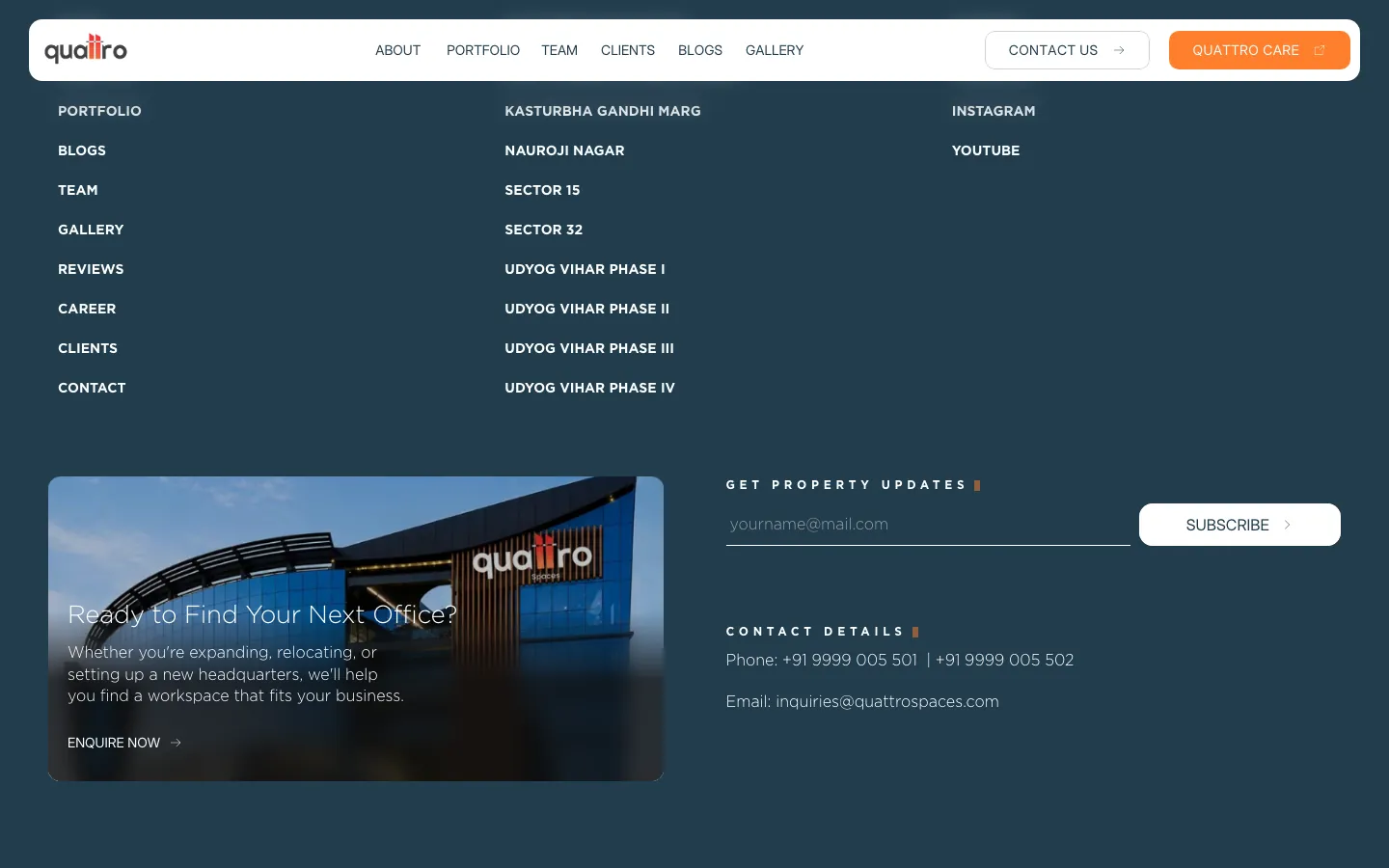 Home page: Footer: locations, updates and contact