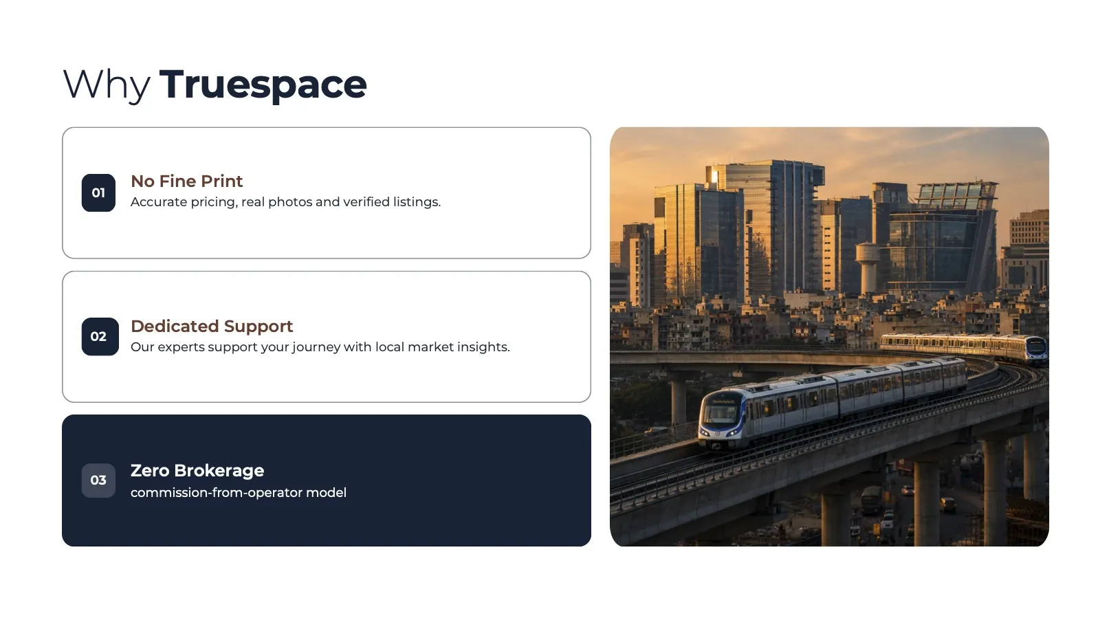 Why TrueSpace: no fine print, zero brokerage