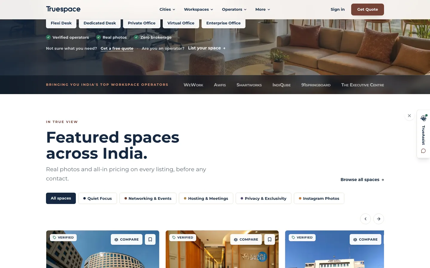 Saved website screen: Featured spaces with all-in pricing